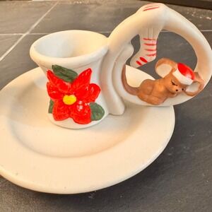 Vintage Ceramic Christmas Mice Candle Holders with Poinsettias Set of 2